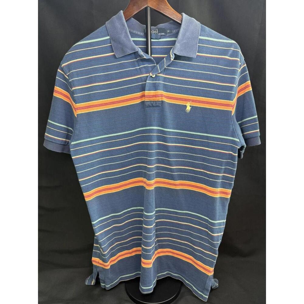 Polo Ralph Lauren Polo Shirt Mens Medium Blue Striped Short Sleeve Pony Logo‎